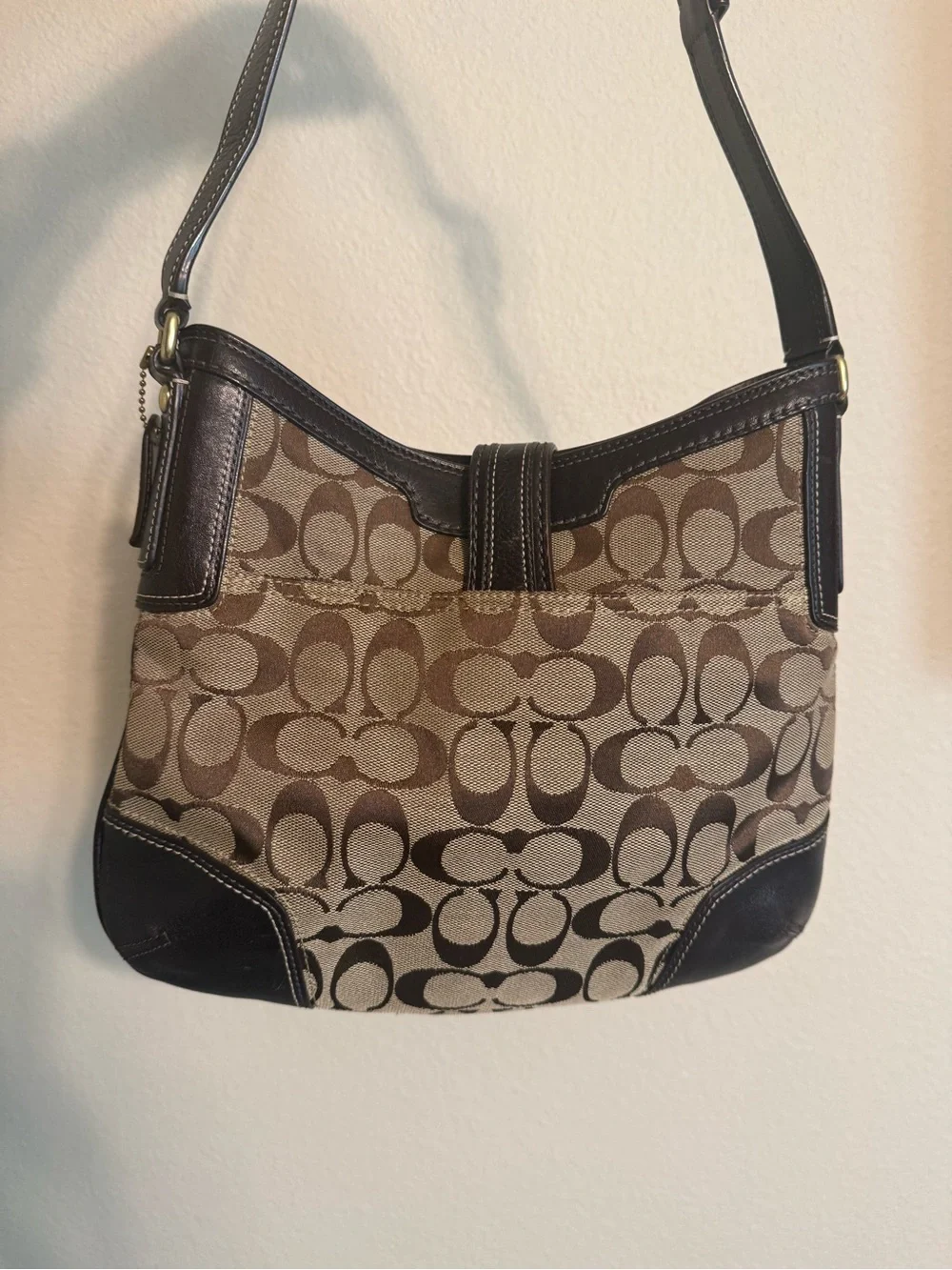 Coach Brown Signature Canvas Shoulder Bag with Dark Brown Leather Trim